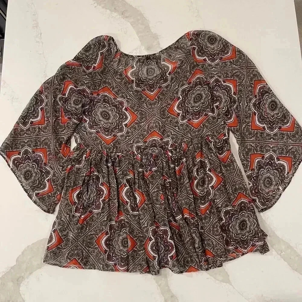 AB Studio Floral Paisley Sheer Blouse Boho Flared Sleeve Women's Large Hippie - Picture 6 of 7